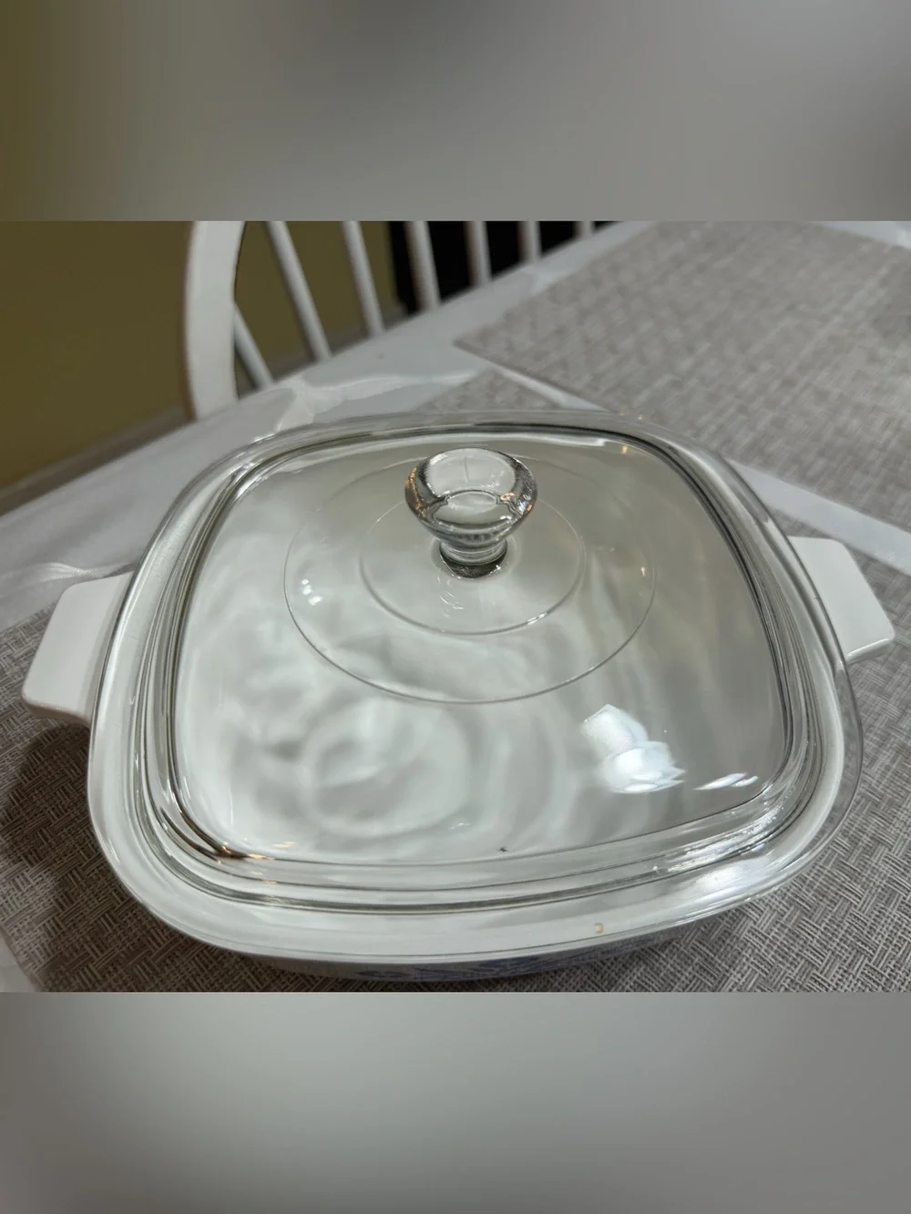 Vintage three-piece set of Corning Ware Blue Cornflower casserole dishes.
